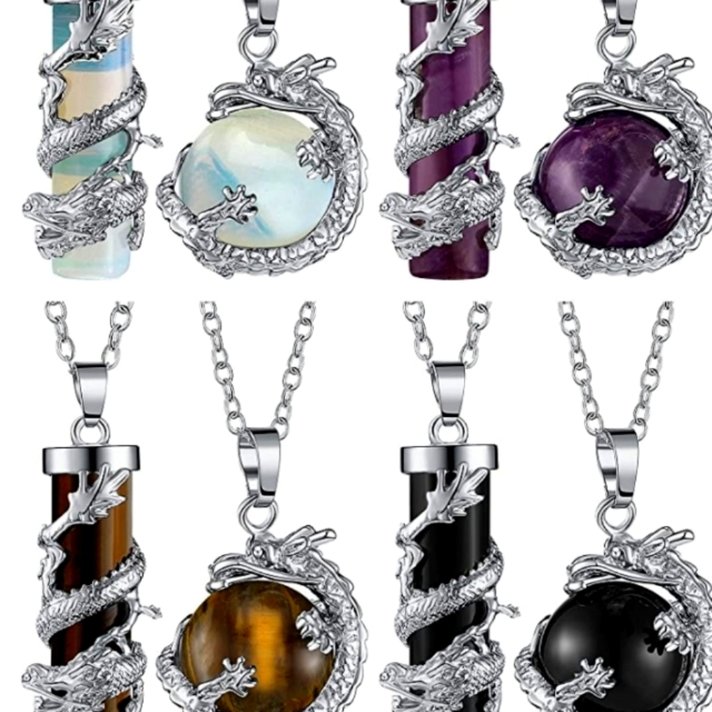 Dragon Warpped Chakra Crystal Reiki Healing Gemstone Necklaces Set of 8 NWT